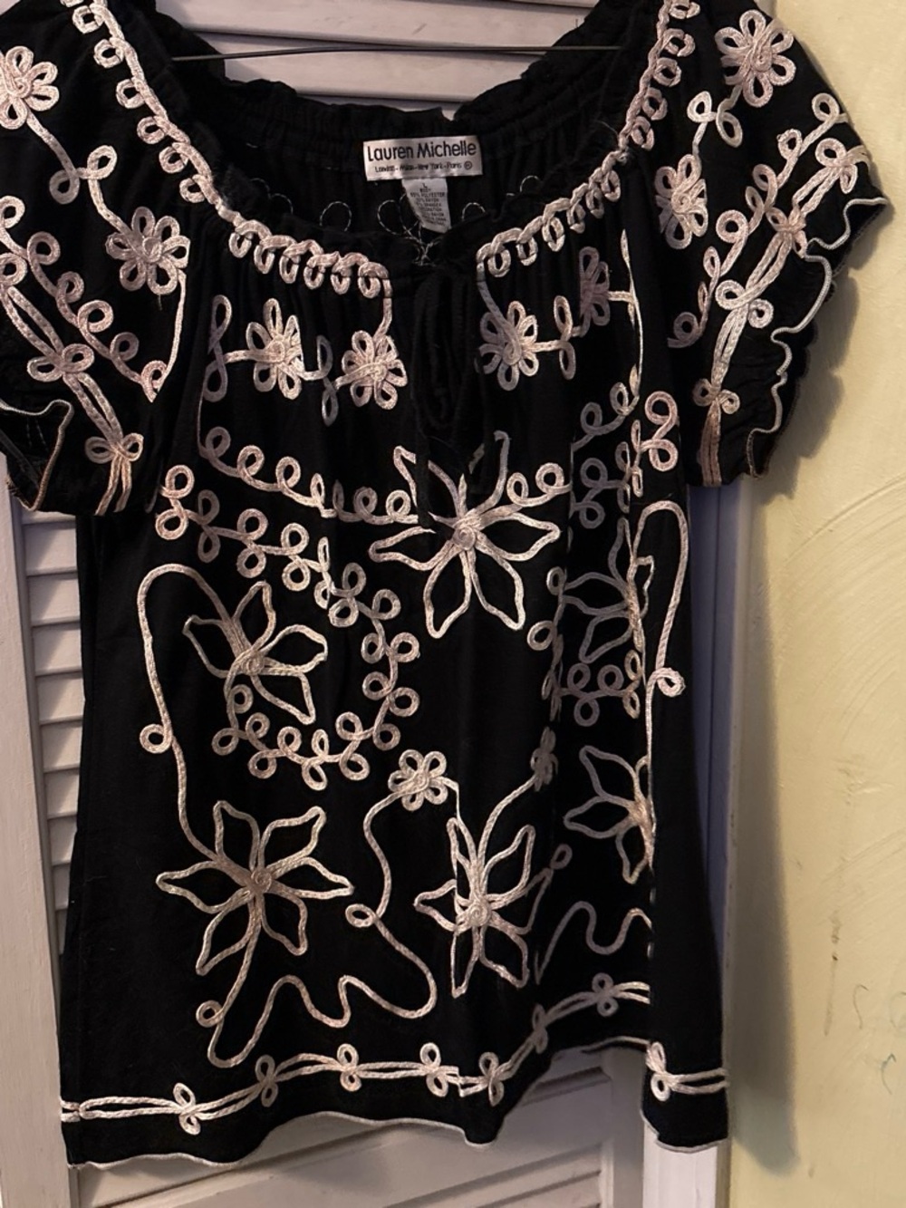 Lauren Michelle Black Peasant Top with Cream Floral Embroidery